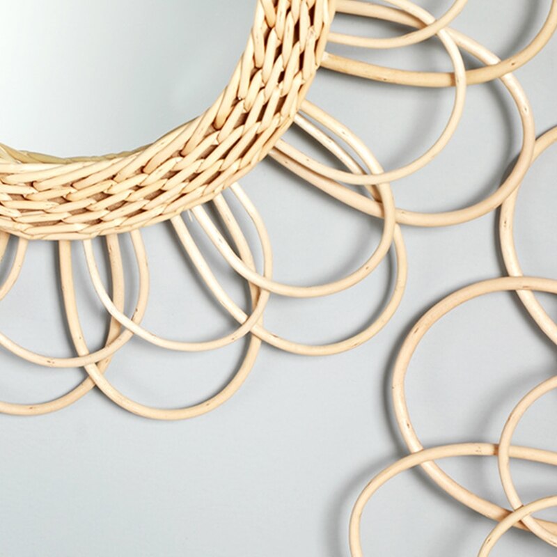 Sun Shape Decorative Mirror Rattan Innovative Art Decoration Round Makeup Mirror Dressing Bathroom Wall Hanging Mirror
