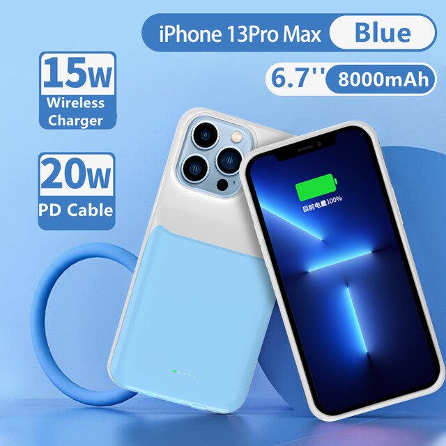Backup Powerbank Cover Voor Iphone 13 Pro Max 13 Mini Draadloze Opladen Batterij Charger Cases Externe Batterij Snel Opladen Case: 13 Pro Max Blue
