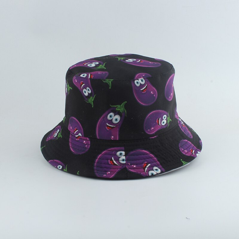 Aubergine tomat gurka peppar tryck fiskare hatt sommar solhattar för män kvinnor utomhus casual vändbar hink hatt