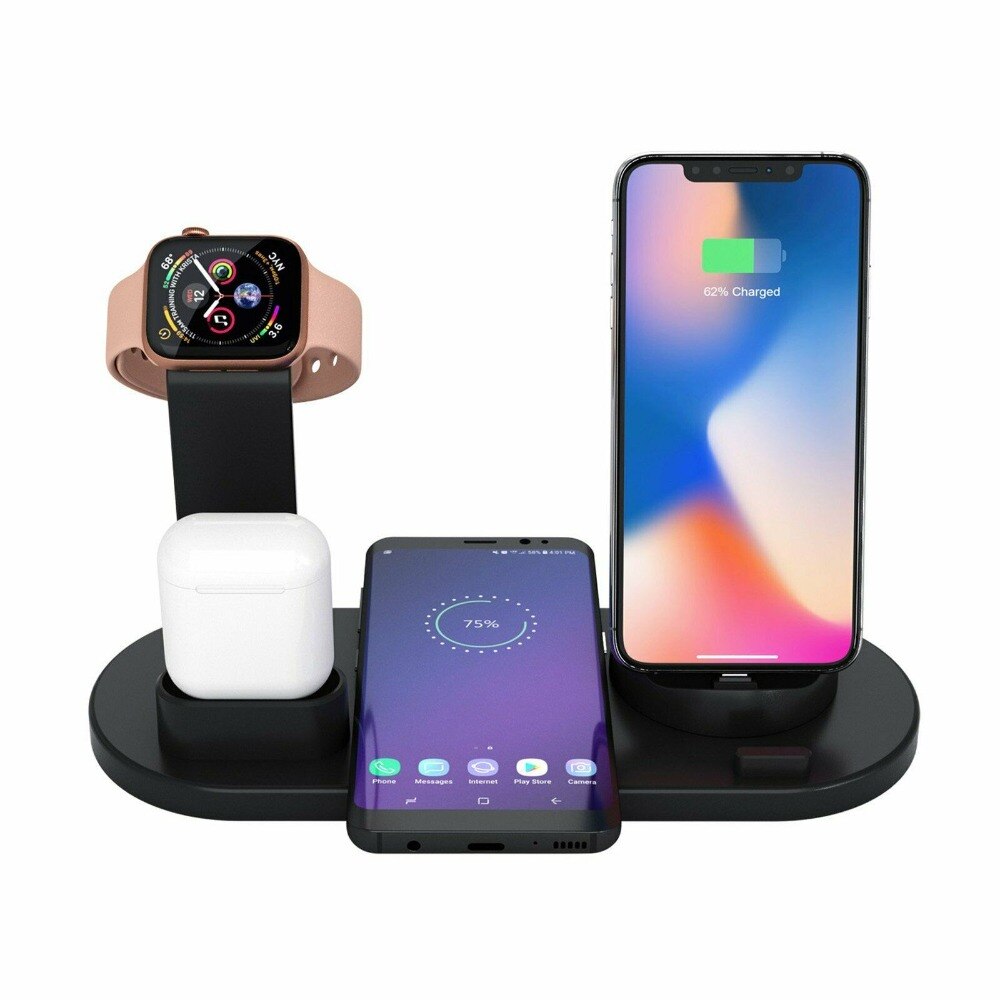 4 in 1 langaton laturi iphone x xs max  xr 8 qi pikalataustelakointiasema airpodille android älypuhelinteline apple kellolle: Musta
