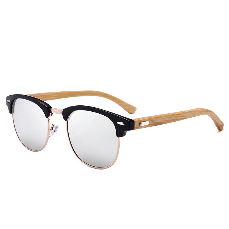 Jsooyan polariserede solbriller mænd træ bambus stel køre solbriller retro runde nuancer googles pilot spejl linse briller: C4( spejl)