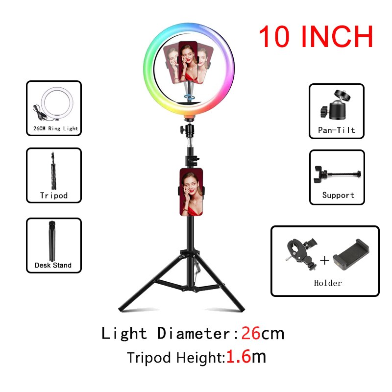 8 Inch /10 Inch Dimmable RGB LED Selfie Ring Fill Light Photo Ring Lamp with Tripod Two Adjustable for Makeup Video Live: Yellow