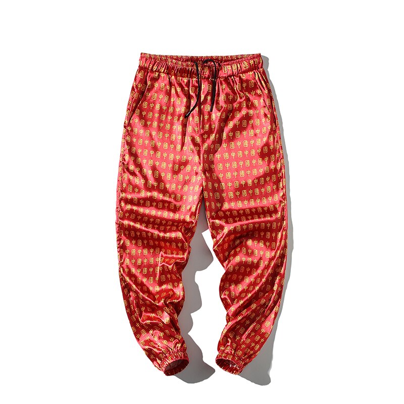 Pantalon en Satin imprimé pour hommes, vêtement en soie, grande taille, rouge, chinois, nouvel an, Vintage, rayonne lisse