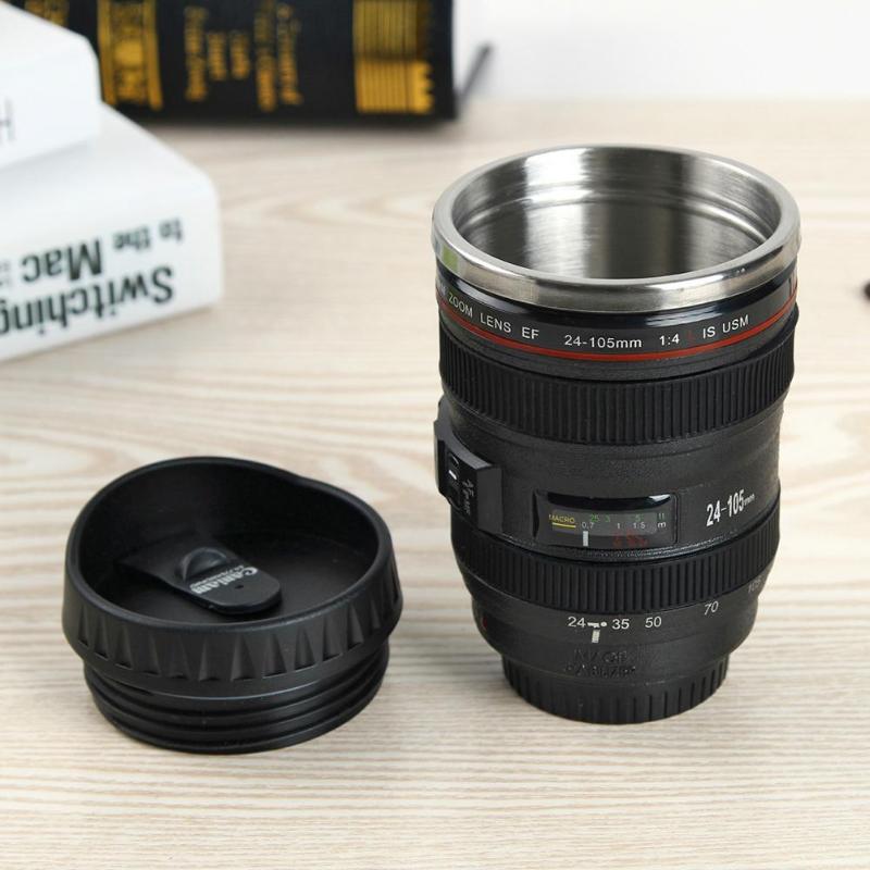 350mL caméra tasse à café lentille forme café thé tasse avec couvercle en acier inoxydable vide flacons isolation thermique tasse