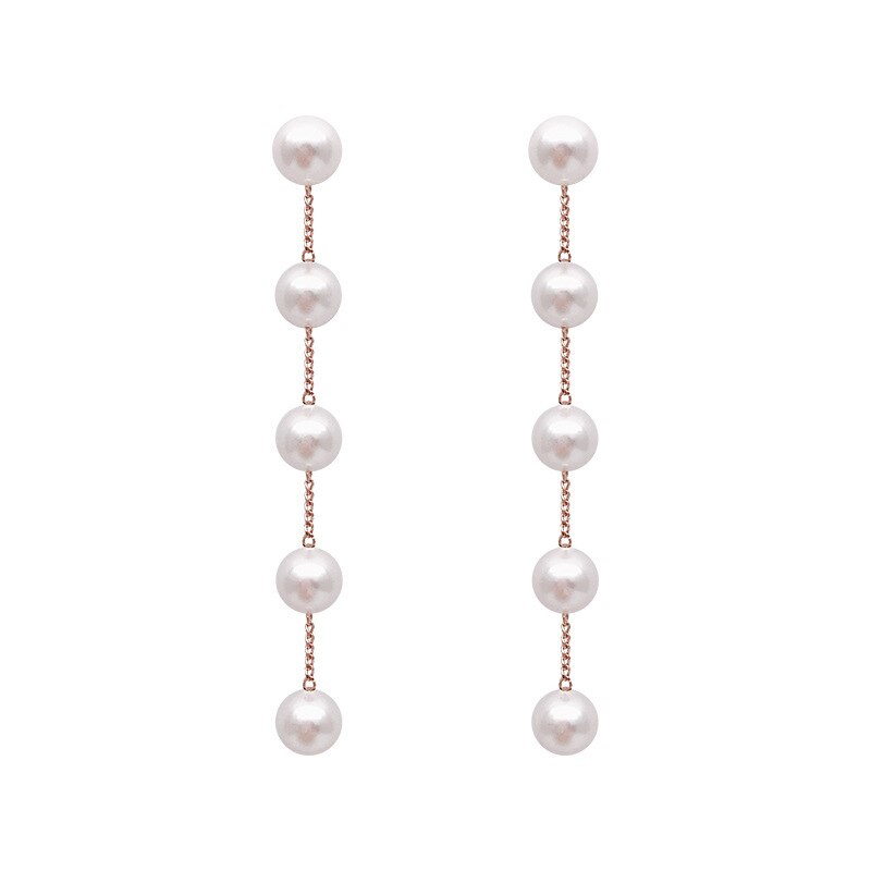 Pendientes largos de perlas de imitación para mujer, aretes colgantes de boda de perlas redondas blancas, joyería coreana,