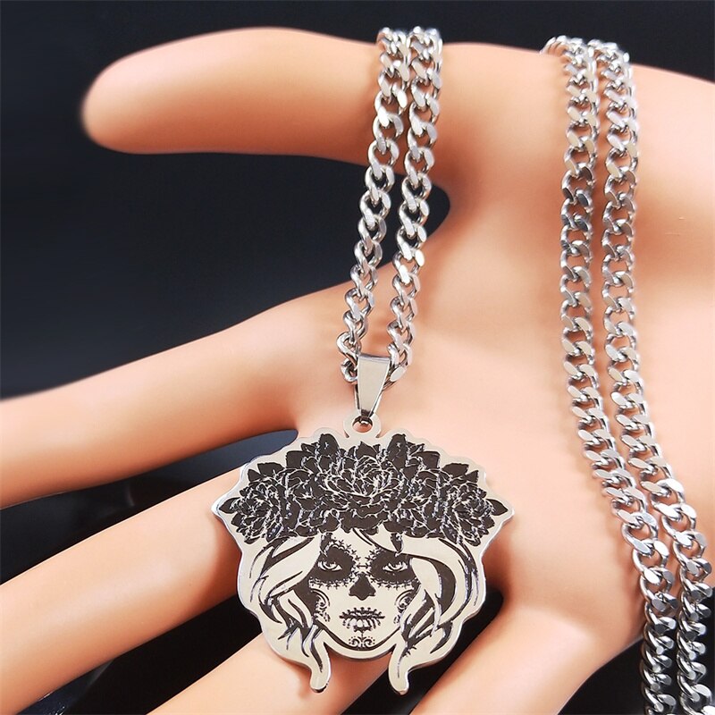 Gothic-halskette aus edelstahl mit mexikanischem totenkopfmotiv für damen, silberfarbene kette, schmuck colgante  n3636 s 06
