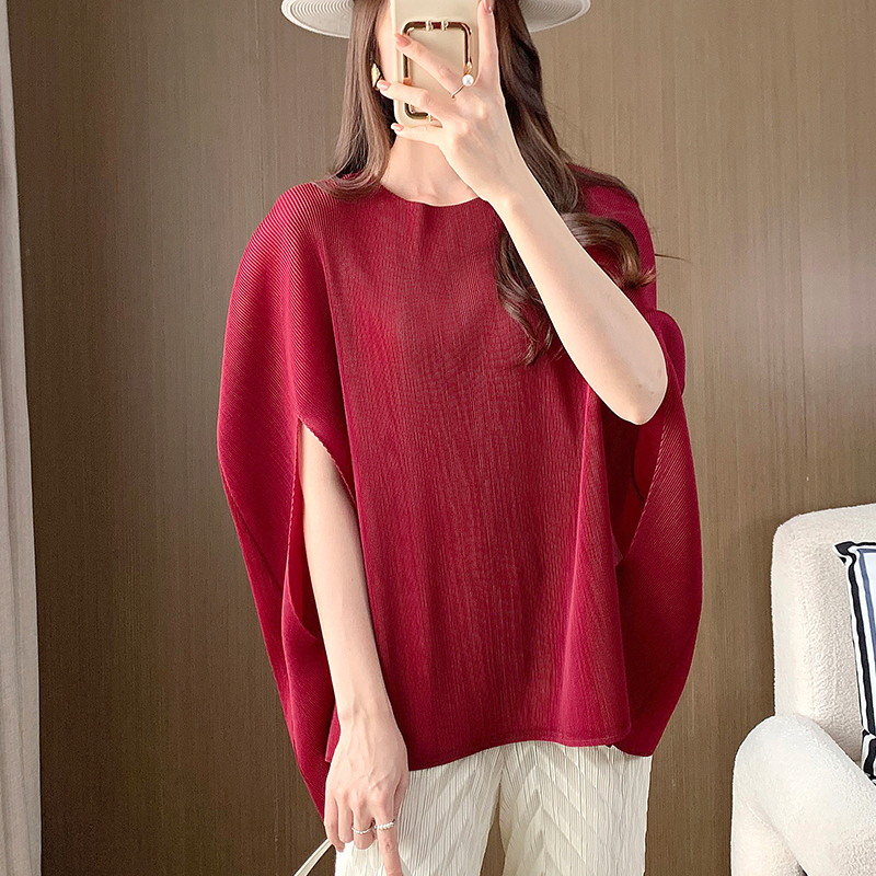 Miyake-Top plisado holgado con manga de murciélago para mujer, Top de Color sólido, capa de , ropa informal de otoño para mujer: Borgoña