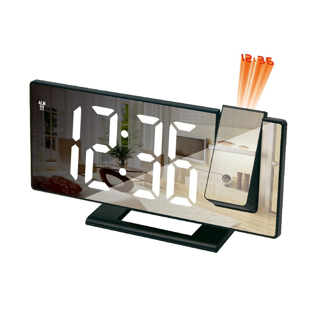Reloj Digital de despertador con efecto espejo y luz LED para mesilla de noche y dormitorio, Despertador con USB, Radio FM, proyector de tiempo, reloj para mesilla de noche y dormitorio: B-black white