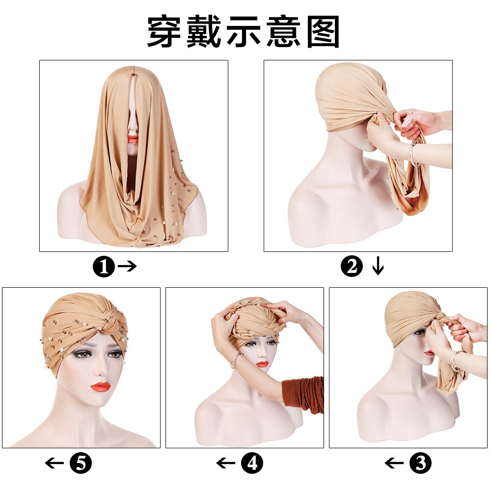 Turbante musulmán de ante para mujer, gorro con perlas de terciopelo, turbante indio, diadema para invierno