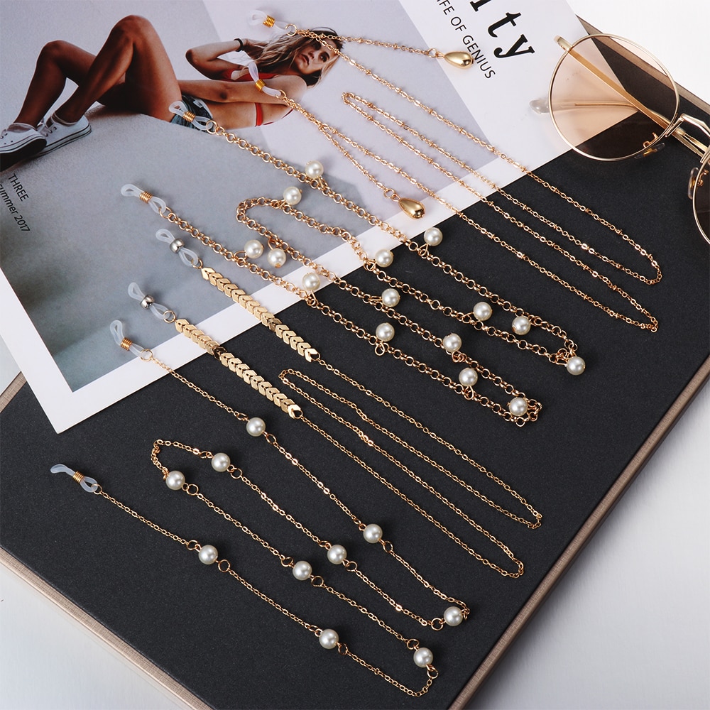 1PC Women Pearls Sunglasses Chains Gold Eyeglasses Chains Sunglasses Holder Necklace Eyewear Retainer Accessories