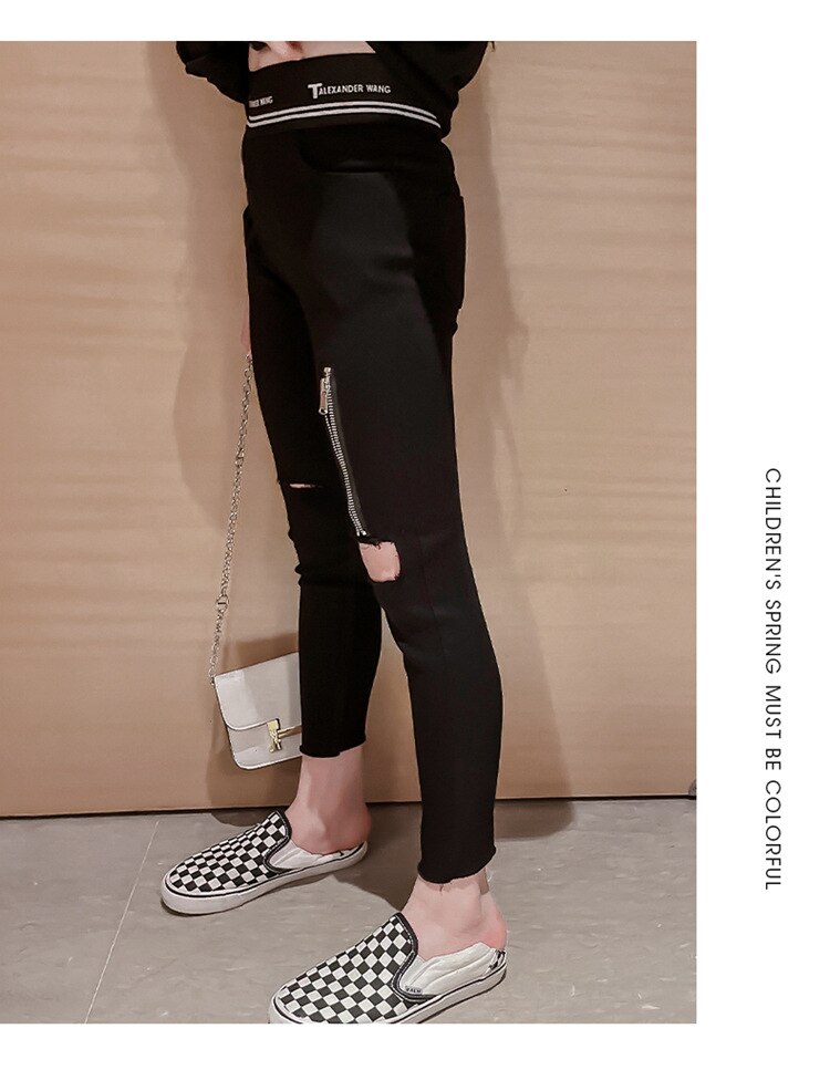 Leggings con cremallera para niña adolescente, pantalones de piel con agujeros, ropa para Niño, 6, 8, 10, 12 y 14 años, novedad de Primavera de 2022