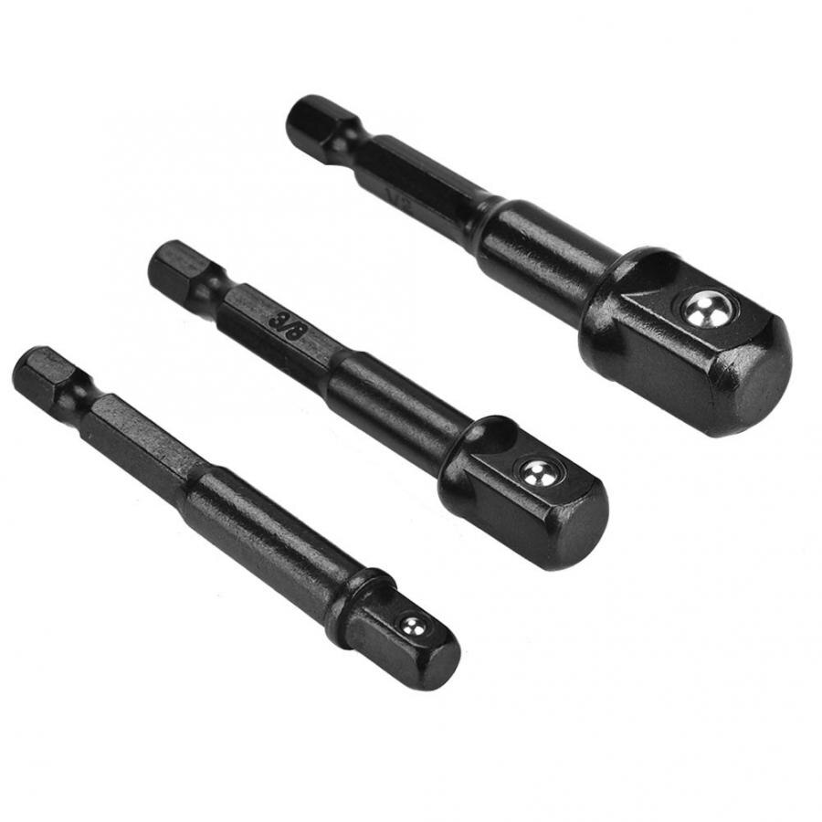 3 stk nøgletype borestykke adapter 1/4 sekskantet skaft  to 1/4 3/8 1/2 firkantet borehoved: Sort