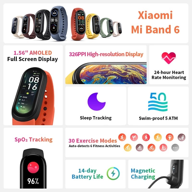 Global Version Xiaomi Mi Band 6 AMOLED Screen Blood Oxygen Fitness Traker Heart Rate 5ATM Waterproof Smart Band 5 Color Bracelet