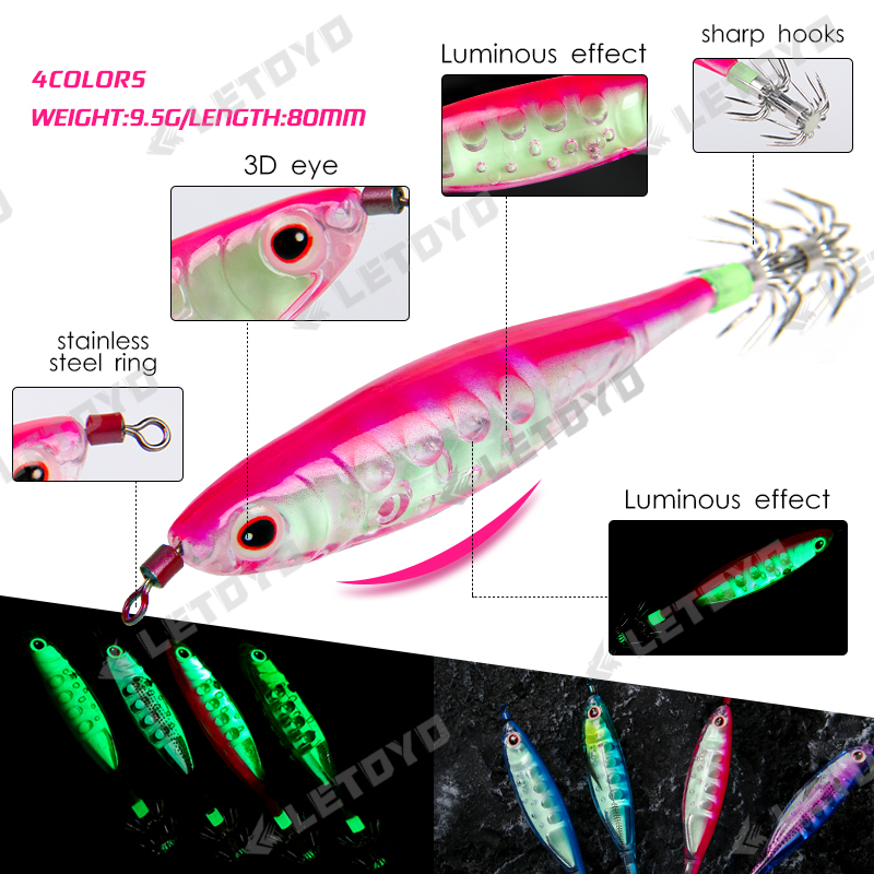 LETOYO 4PCS Floating Squid Jig Artificial Shrimp Fishing Lure Squid Hook Luminous Octopus Cuttlefish Bait Sea Squid Catching Rig