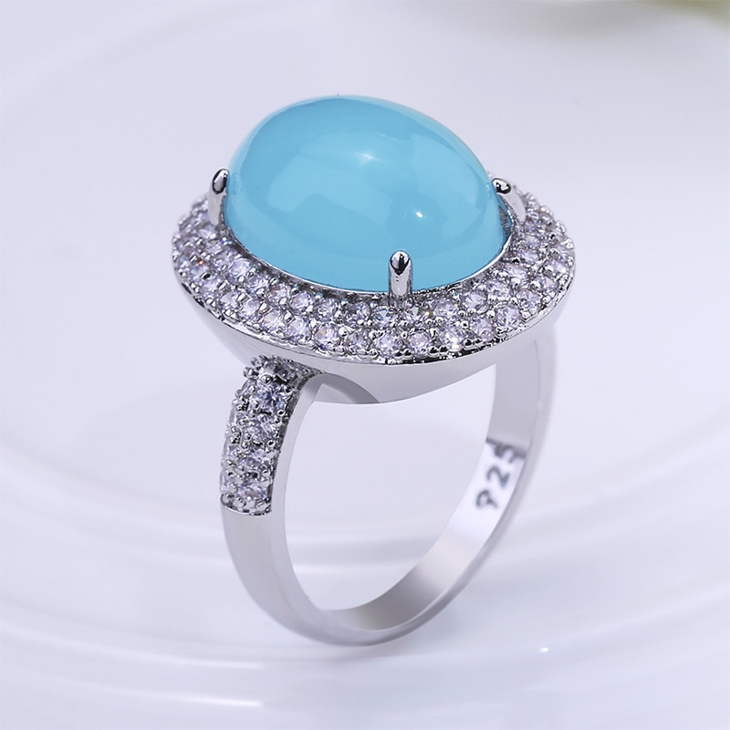 Luxury Big Blue Oval Moonstone Ring For Women Girl Crystal Silver Color Rings Wedding Engagement Jewelry Anillos Mujer