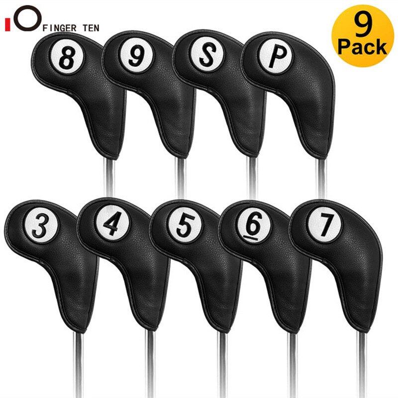 Upgrade Magnetic Golf Club Iron Covers Synthetic Leather Deluxe Wedge Iron Protective Headcover Set: 9 Pcs-Black