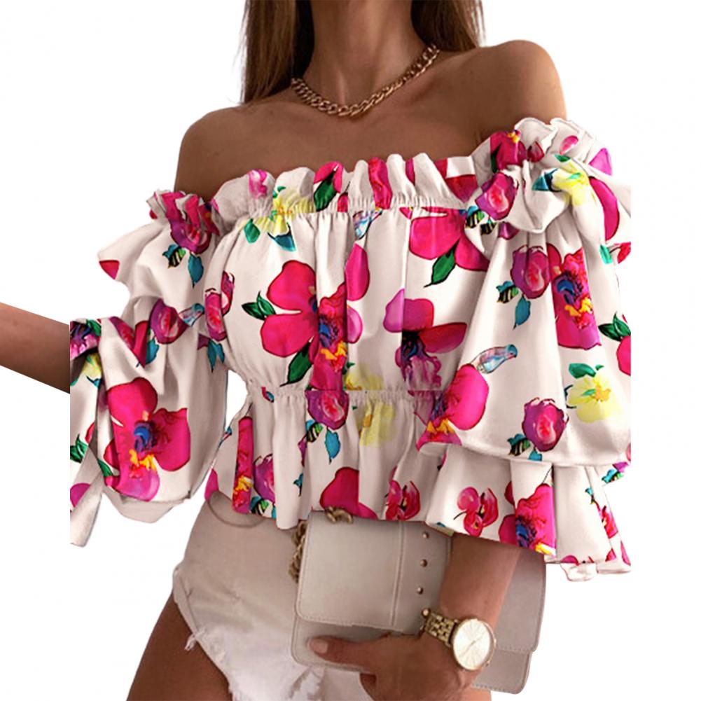 Sexet sommertop med flare-ærmer og off-shoulder-fløjlsskjorte med blomsterprint og let skjorte til hverdagsbrug: Xl / Rosenrød