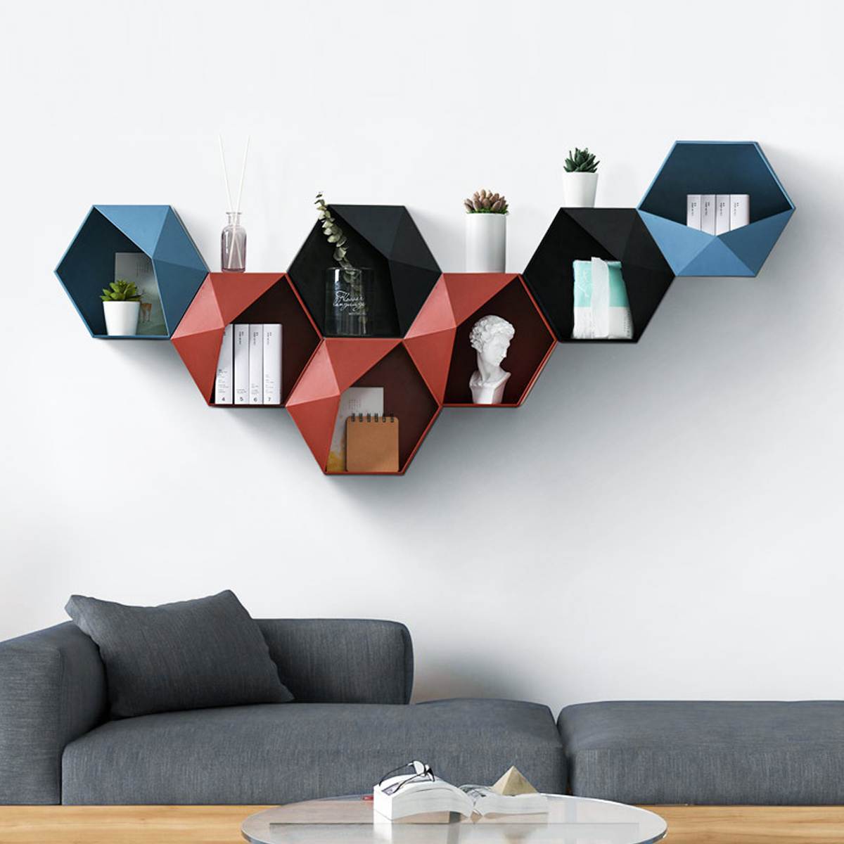 Aan de muur bevestigde geometrische wandplank thuis badkamer doe-het-zelf decoratie rek ornamenten organizer planten bloemen opbergrek