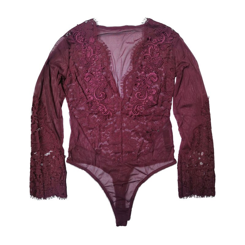 Women&#39;s Wine Red Embroidery Lace Gauze Deep V-neck Long Sleeve Sexy Thong Open Crotch Bodysuit, Underwear Lingeries SLA077