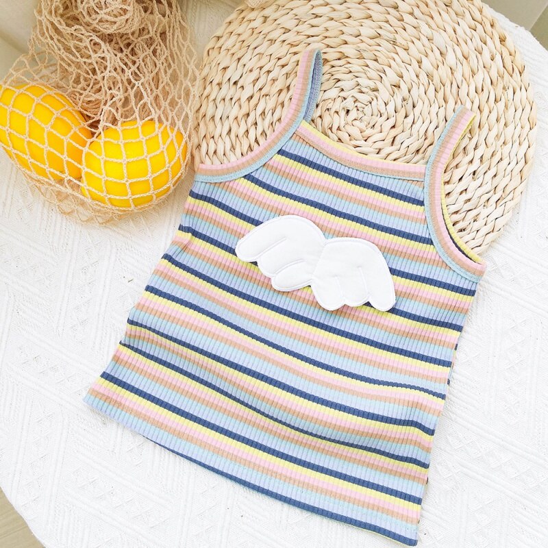 Bomull flickor t-shirt sommar regnbåge randig väst barn camisoles tecknade flickor toppar barn väst med änglavingar baby undershir: Blå / 12m