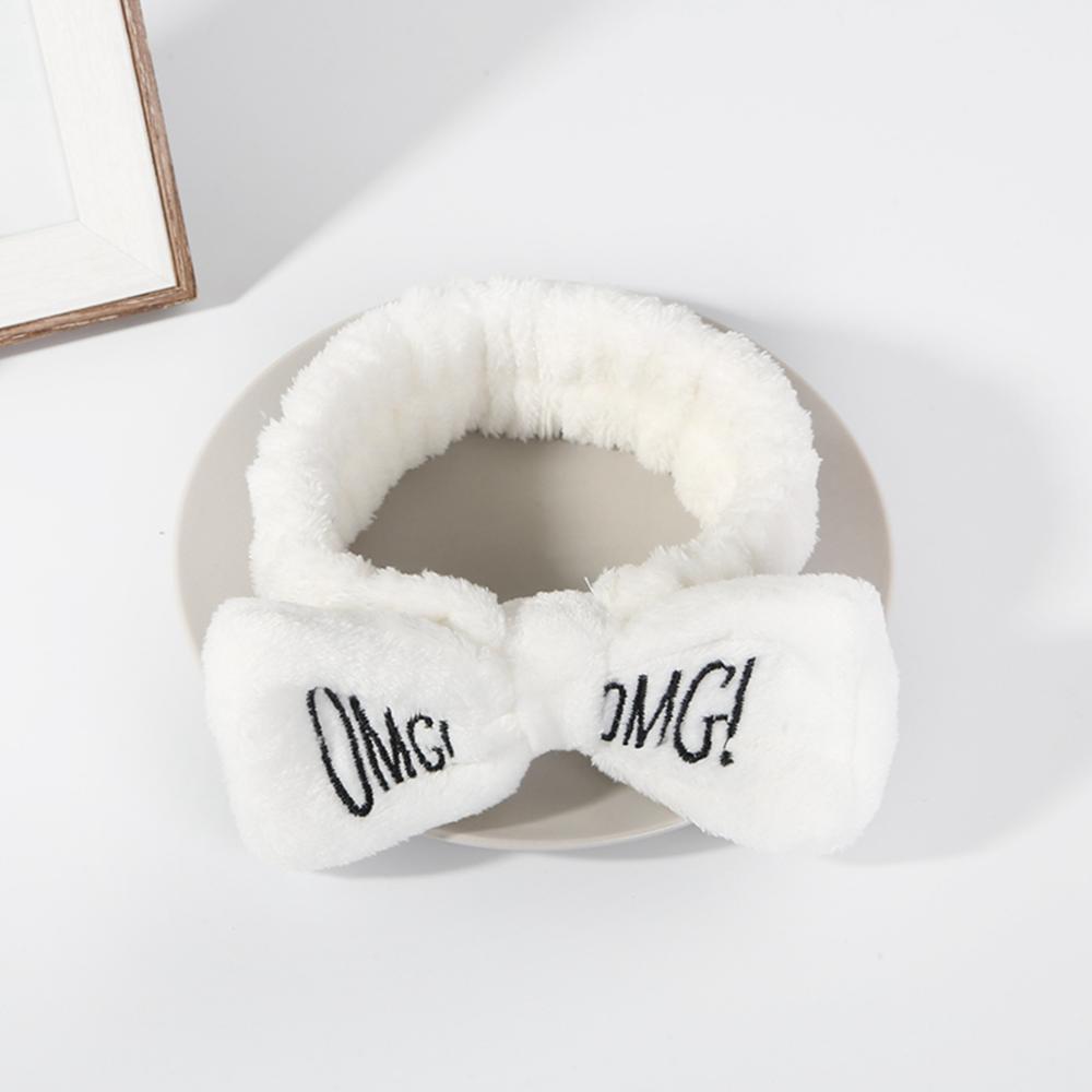 Soft OMG Letters Coral Fleece Wash Face Mix Color Bow Hair bands Clips For Women Girls Headbands Hair Styling Tool: 01 white