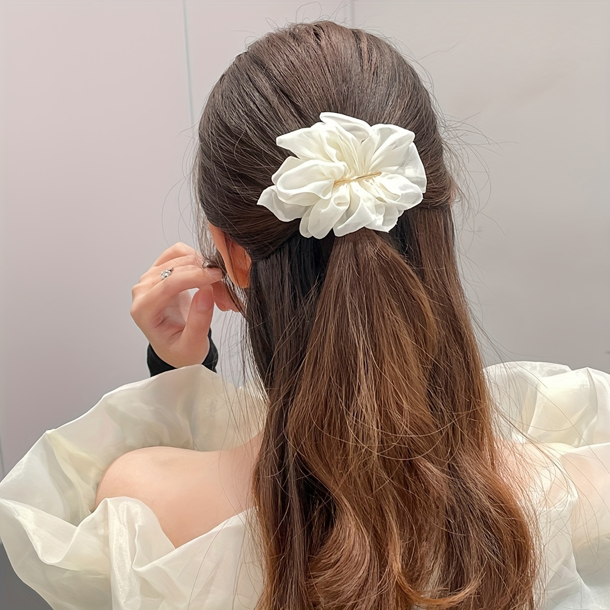 1pc enkle hårspenner i chiffong med blomster til kvinner, oval fjærspenne i legering, ensfarget hårtilbehør.