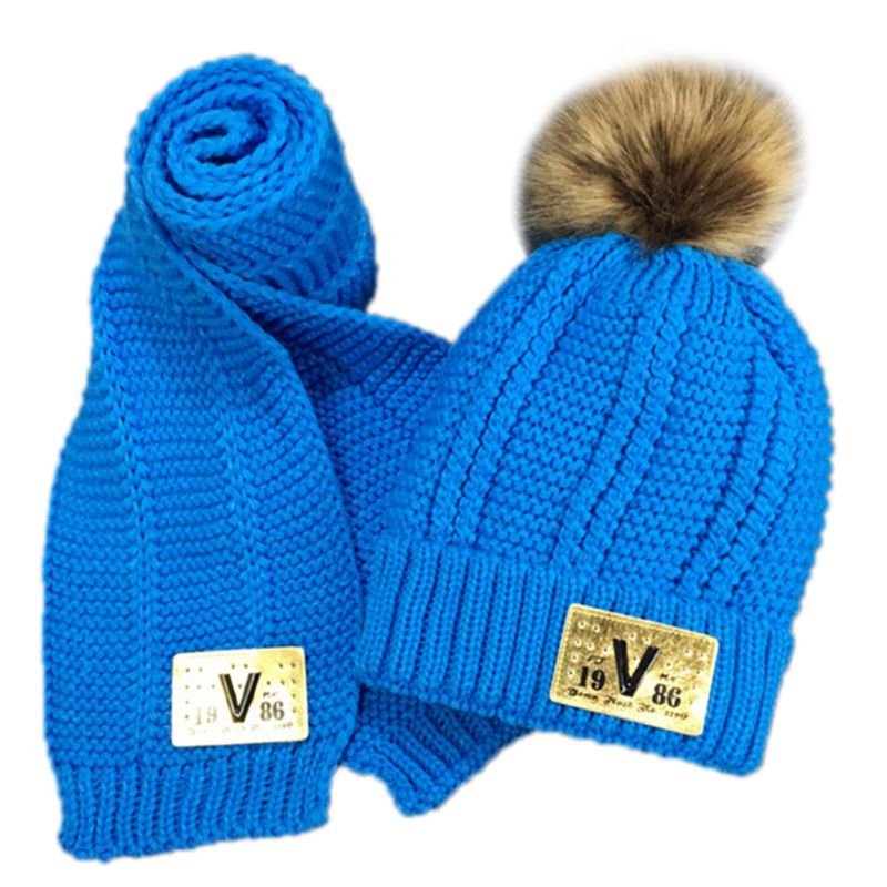 Småbørn børn vinter chunky hæklet pompon varm foring beanie hat langt tørklæde sæt: Himmelblå