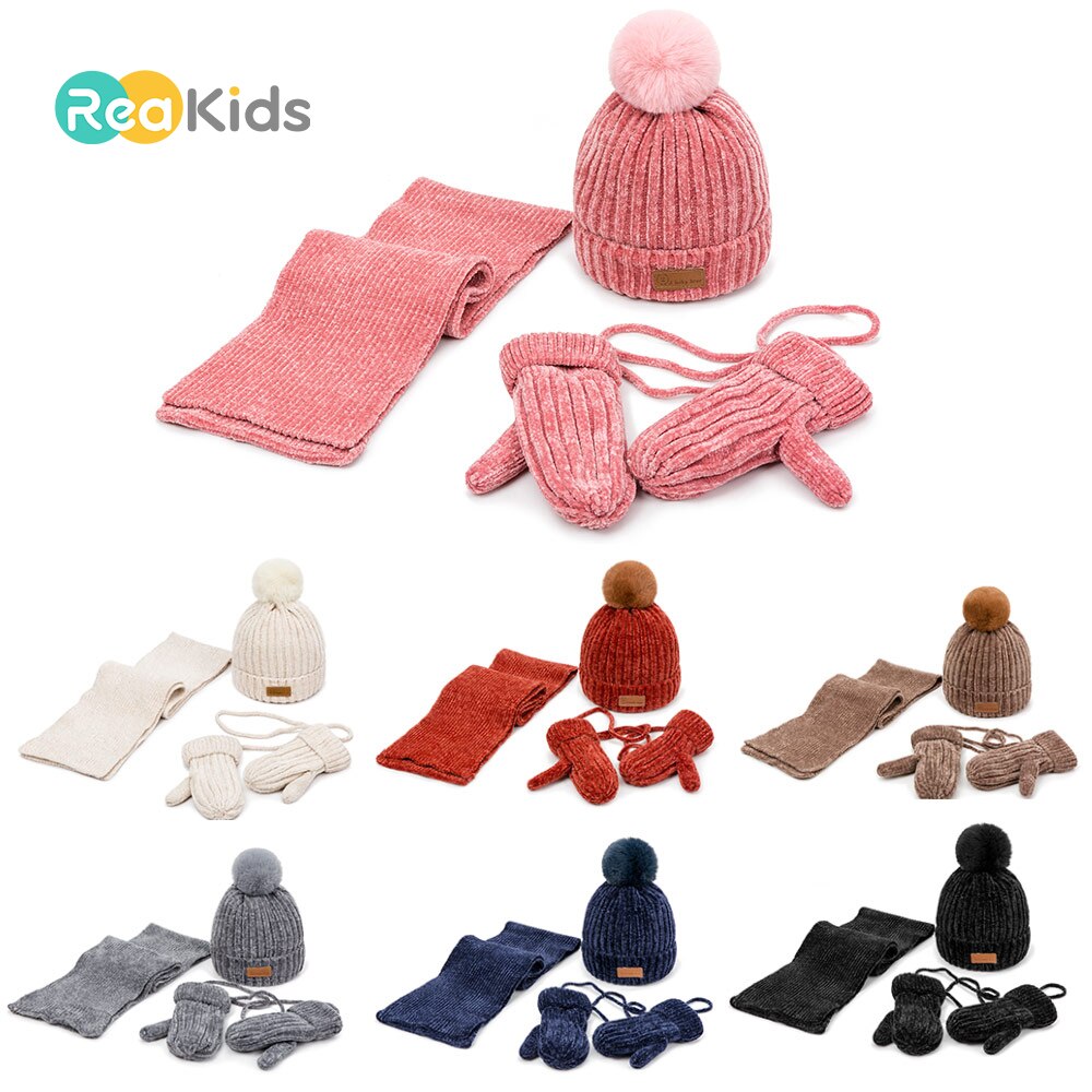 Reakids baby meisjes muts sjaal handschoenen set winter warme dikke muts met haarbal zachte comfortabele outdoor muts jongens katoenen muts pak