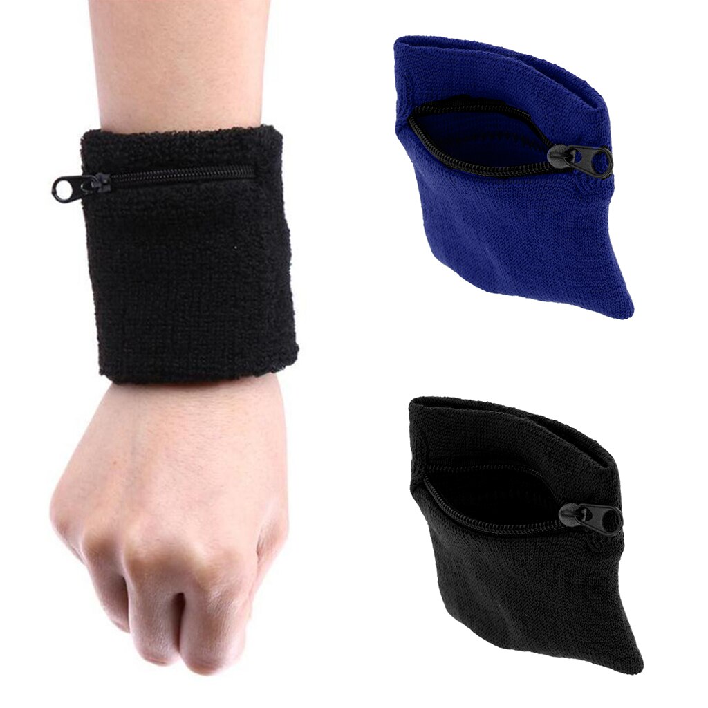 2Pcs Unisex Sports Wristbands Wrist Wrap Wallet Sweat Band Zipper Pocket Athletic Fitness Accessories