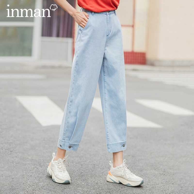 Inman Zomer Leisure Tint Wassen Verstelbare Broekspijpen Enkellange Jeans