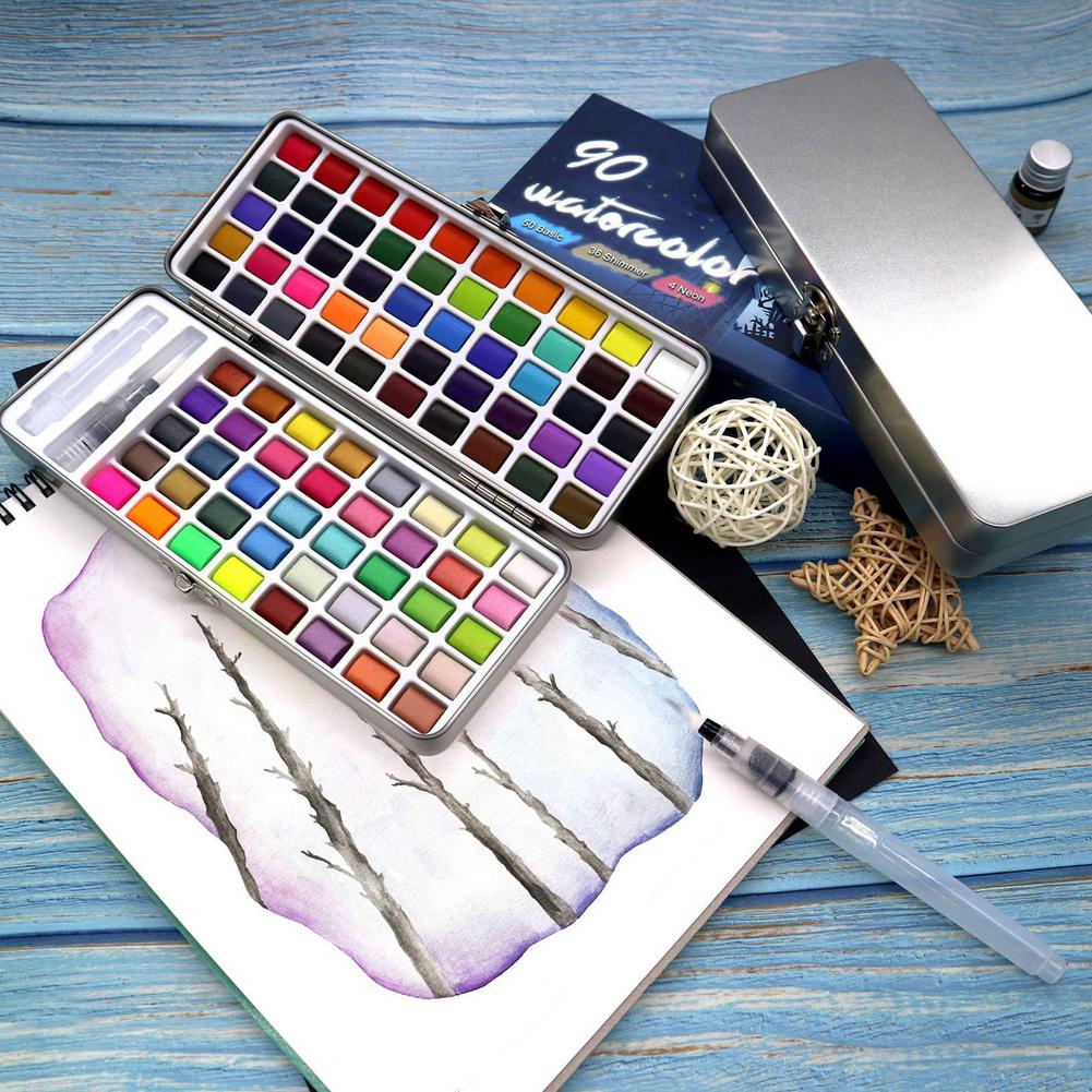 Juego de acuarelas fluorescentes metalizadas, pintura de acuarela con purpurina para dibujar, suministros de pintura artística, suministros de arte, 90 colores