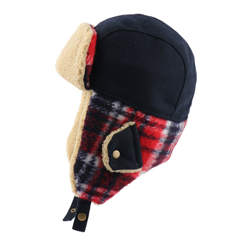 Camoland plaid bomber hat til mænd kvinder øreklap russisk ushanka kasket med beskyttelsesbriller termisk imiteret berber fleece trapper pilot hat: Rød plaid