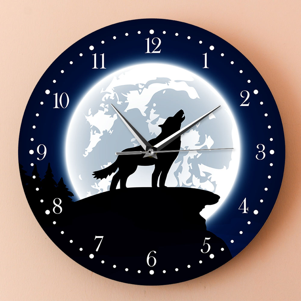 Howling Wolf With Moon Wall Clock Wildlife Animal Wolf Wall Clock Modern Grey Wolf Man Cave Living Room Home Decor