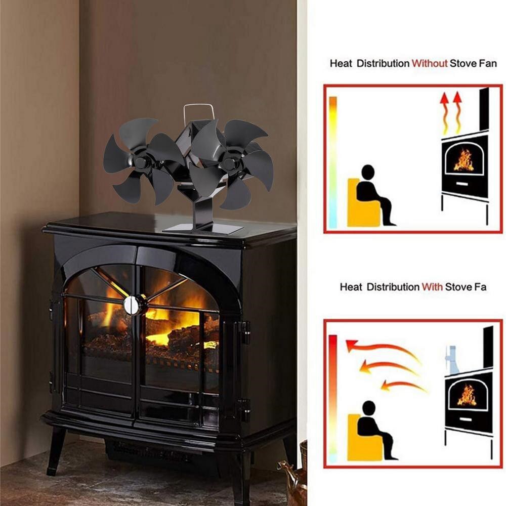 Heat Powered Stove Fan Tools Accessories Supplies Home Log Wood Burner Double Head 5 Blades Eco Quiet