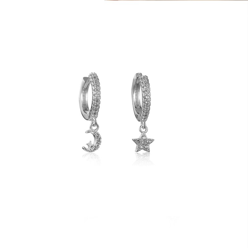 SIPENGJEL-pendientes colgantes de estrella plateada para mujer, aretes delicados de aro con forma de luna y Estrella, joyería para: SILVER