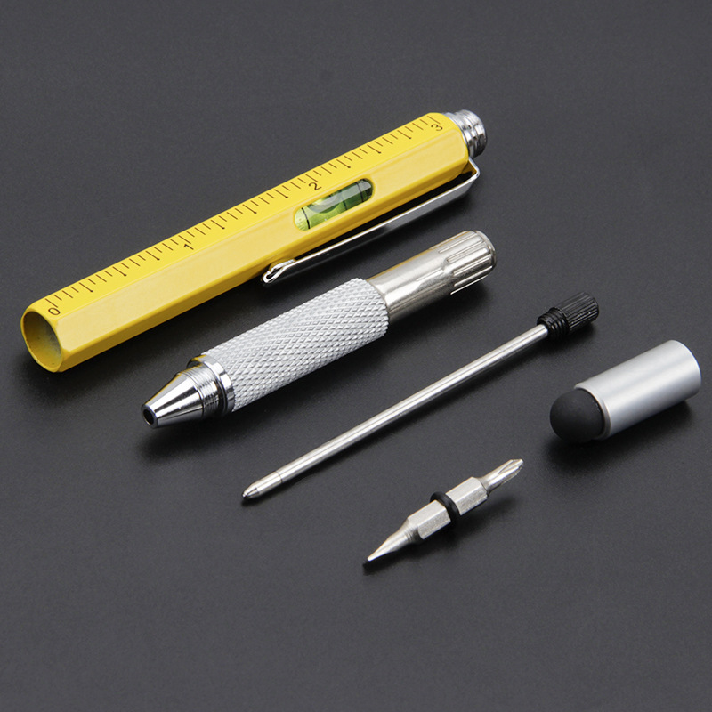 7-in-1-Multifunktions-Kugelschreiber mit modernem Handwerkzeug, messen Sie ein technisches Lineal, Schraubendreher, Touchscreen-Stift, Wasserwaage