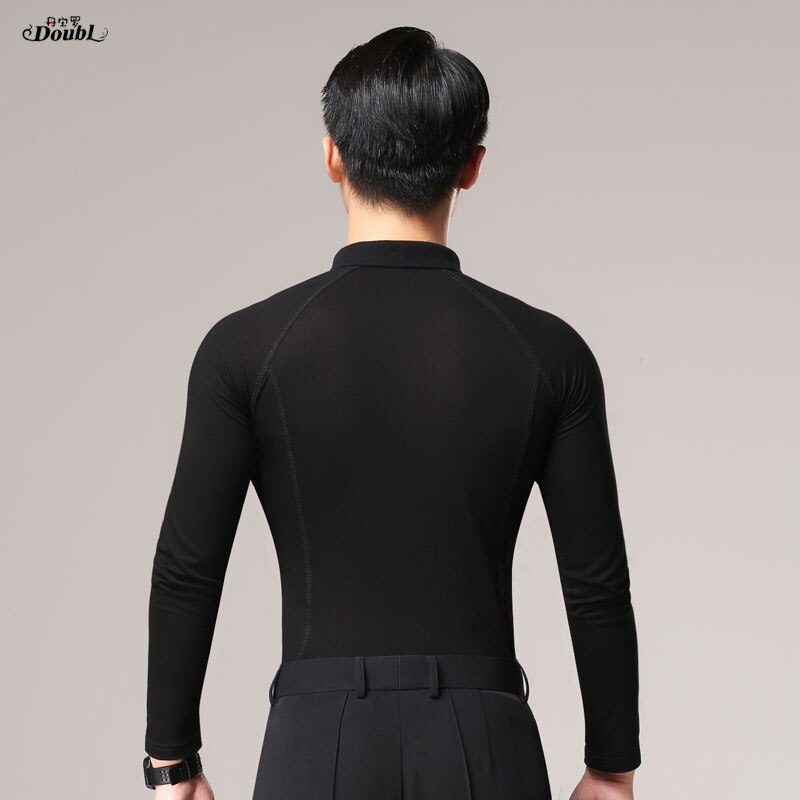 Doubl-camiseta negra de Tops de baile Latino para hombre, camiseta de Salsa de Vals, Trajes de baile latino de manga larga estándar nacional