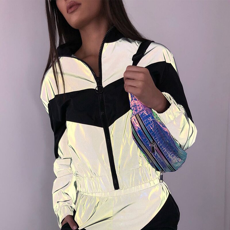 Autumn High Streetwear Reflective Clothing Casual Ladies Trendy Luminous Turndown Collar Jacket And Long Pants: Black jacket / M