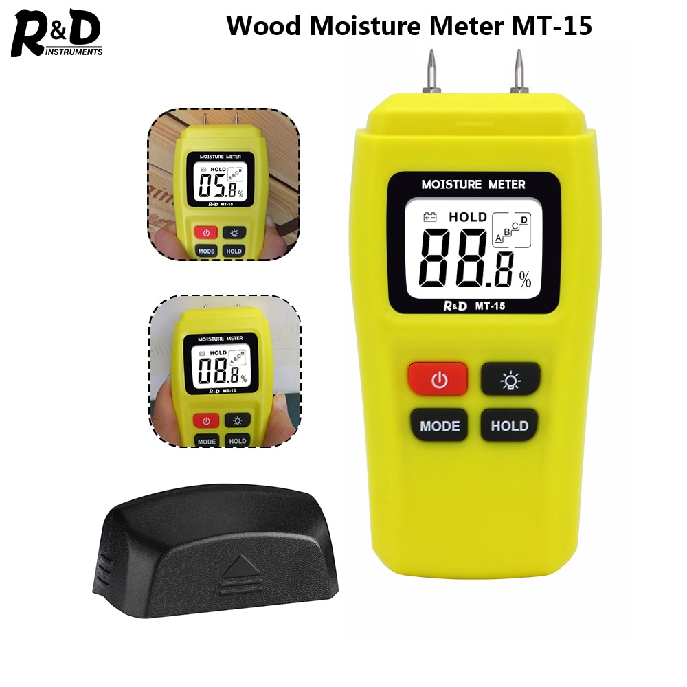 R&D MT15 Wood Paper Moisture Meter Wood Humidity Tester Hygrometer Timber Damp Detector Tree Density tester Backlight Yellow