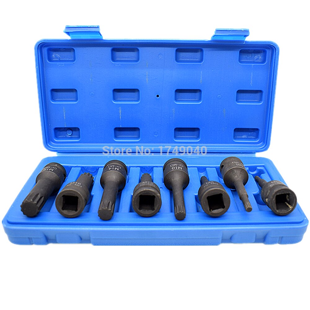 Impact Spline Socket Bits 8pcs Set M5 M6 M8 M10 M12 M14 M16 M18 CR-MO Screw Driver Bit Screwdriver Bits 1/2" Square Drive