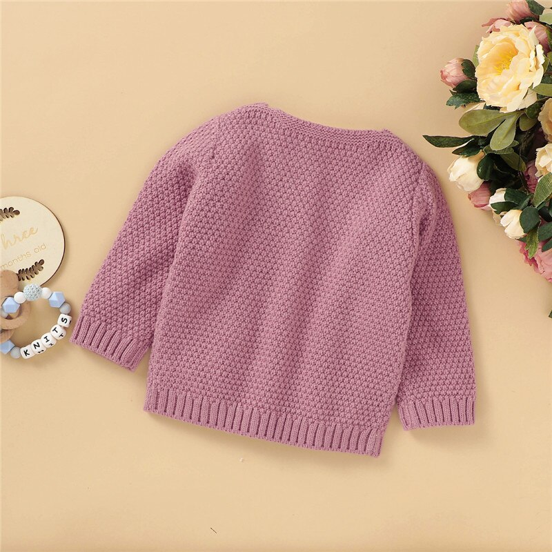 Dziewczynka jesień zima ciepłe swetry rozpinane 3-18M niemowlę maluch dorywczo jednolity kolor, długi rękaw O szyi dzianiny bawełniane szczyt stroje