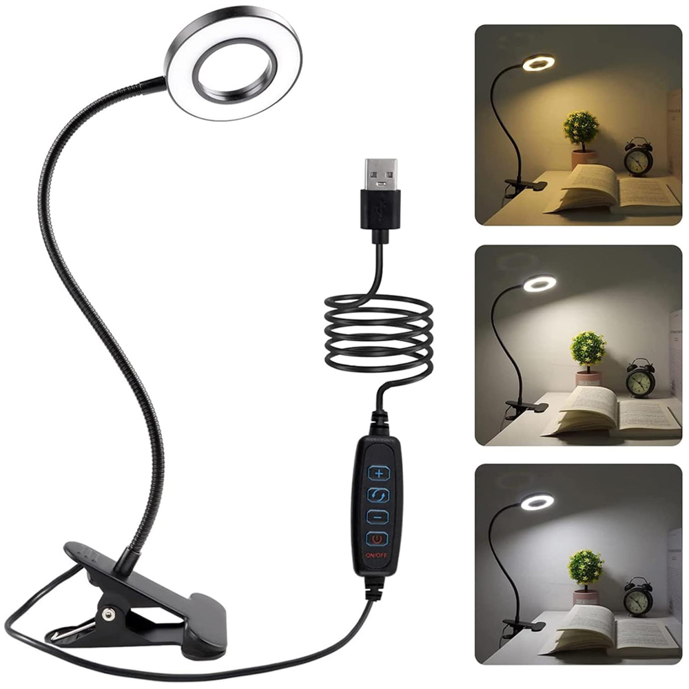 LED-leeslampen 360° ° Flexibele zwanenhals dimbare tafellamp clip op binnenslaapkamer oogbescherming bureaulamp boekklemlamp: Black