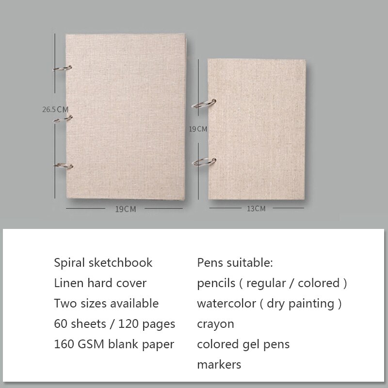 Retro Spiral Blank Sketchbook Hardcover Linen 120pages 160GSM Paper Refillable Painting Graffiti Sketch Book School Stationery