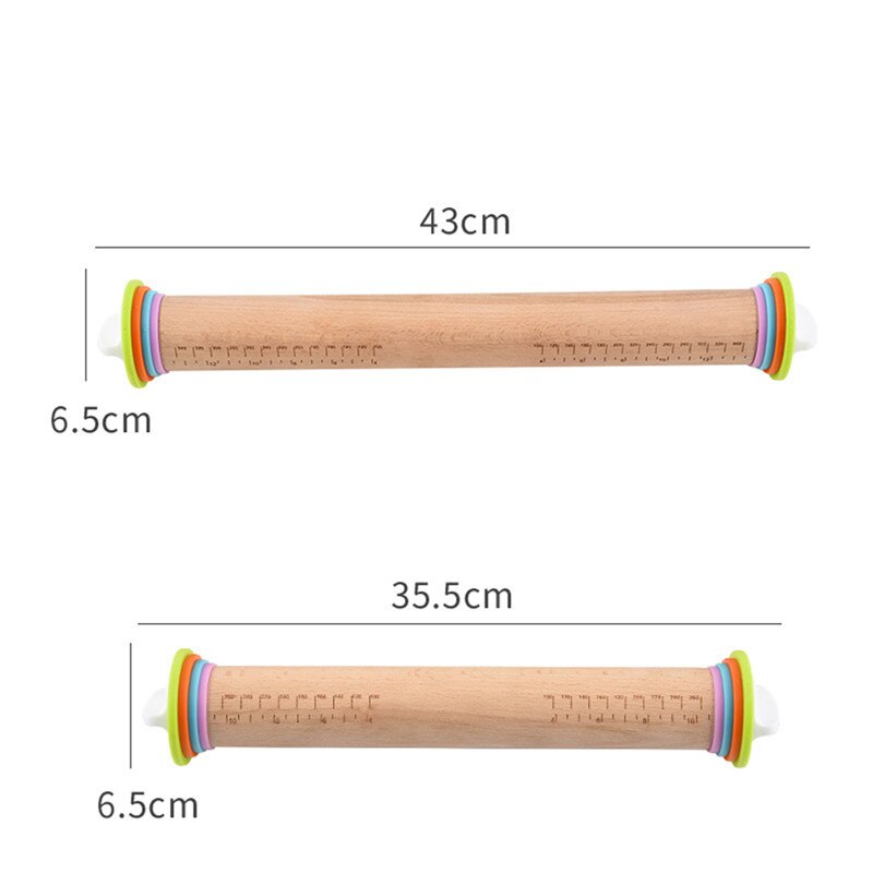Rolling Pin Solid Beech Wood Adjustable Roller Pin with 4 Removable Thickness Rings for Baking Pizza Pie Pastries Cookies