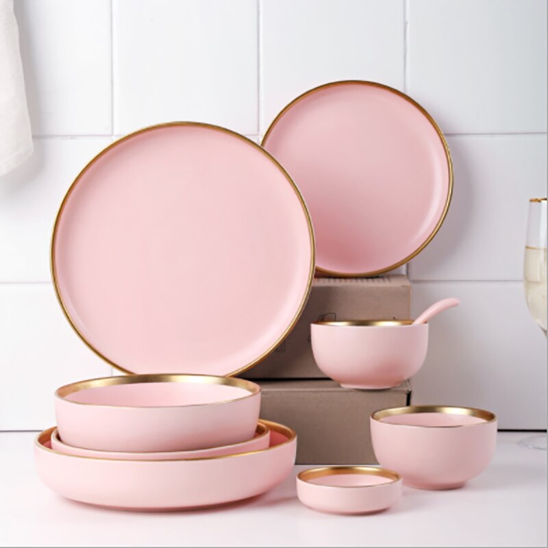 Pink/blå keramik guld indlæg tallerken sæt bøf mad tallerken nordisk stil komplet bordservice skål fad porcelæn spisestel sæt