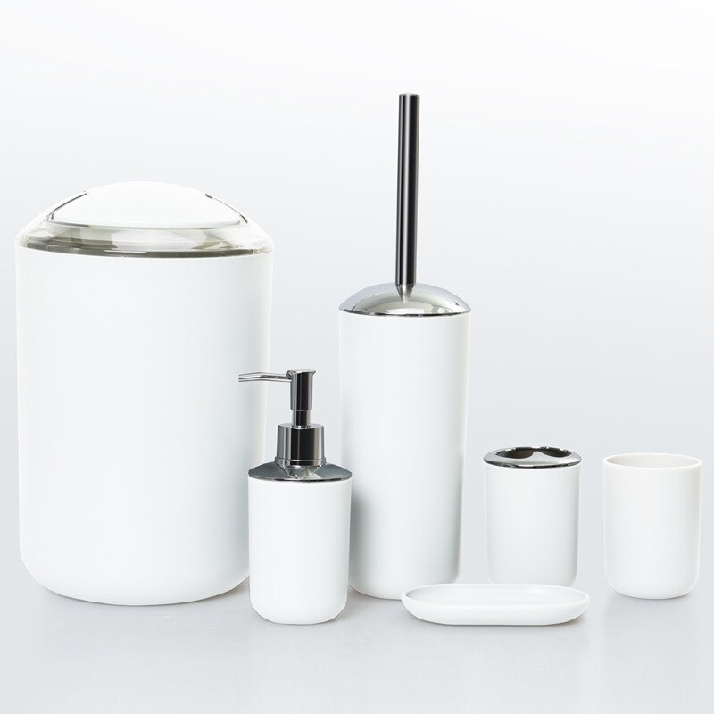 6 stk badeværelse tilbehør sæt tandbørsteholder kop sæbe dispenser fad toilet børste skraldespand plast tumbler kop vaskerum værktøj