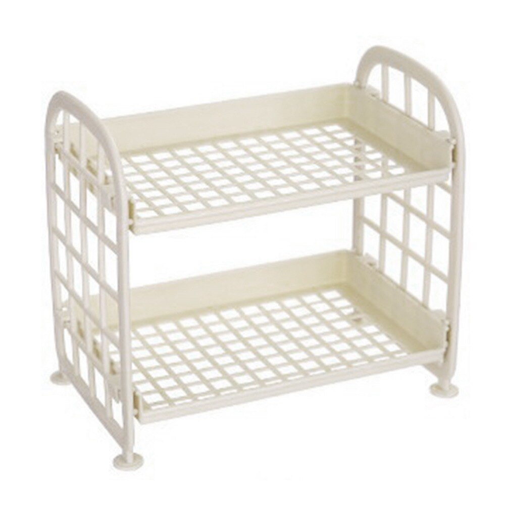 2 Layers Kitchen Bathroom Plastic Square Storage Organizer Shelf Rack Kitchen Shelf Organiser Storage: Beige