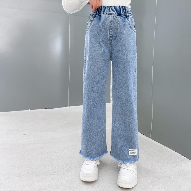 Pantalones vaqueros de pierna ancha para niñas, Jeans rectos de algodón con borlas, holgados, ropa de para Niñas Grandes, 2022