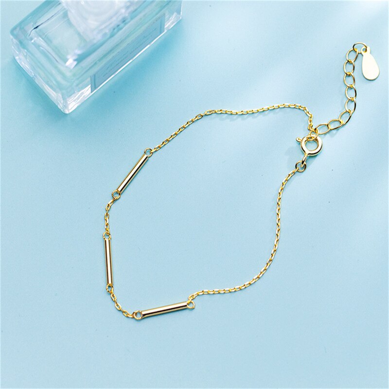 ROMAD Simple 925 Solid Real Sterling Silver Gold Stick Chain 16cm Bracelets For Teen Women Hand Accessories Jewelry R25