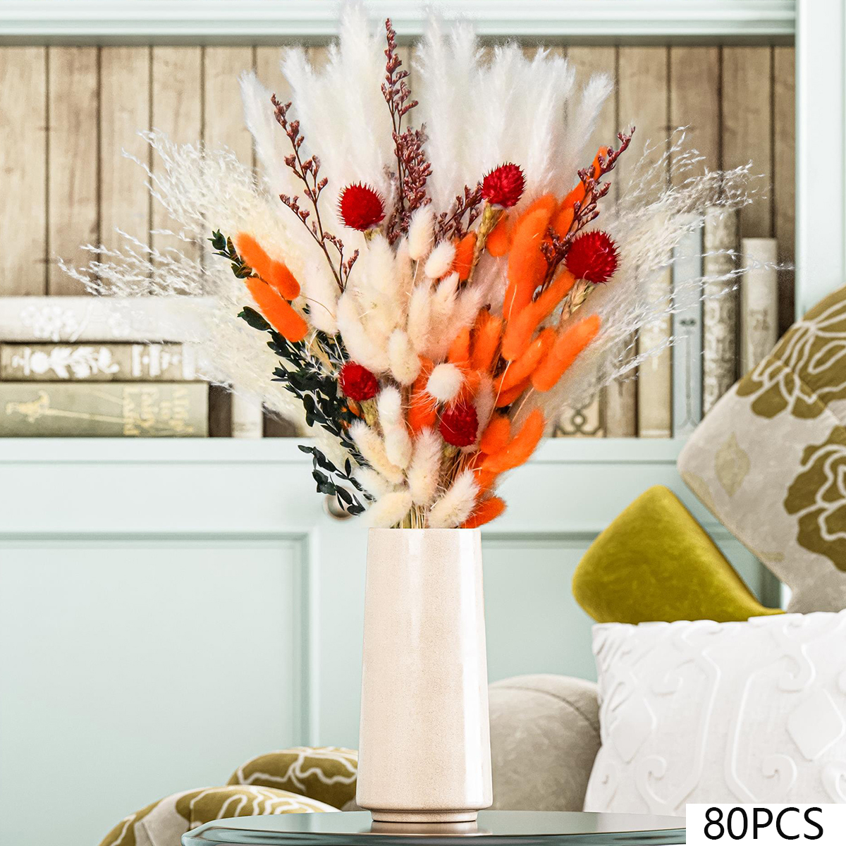 80 pz fiori secchi pampa codice di coniglio mazzo di erba floreale decorazioni per matrimoni conservare foglie di eucalipto canne decorazione vaso per la casa: nero